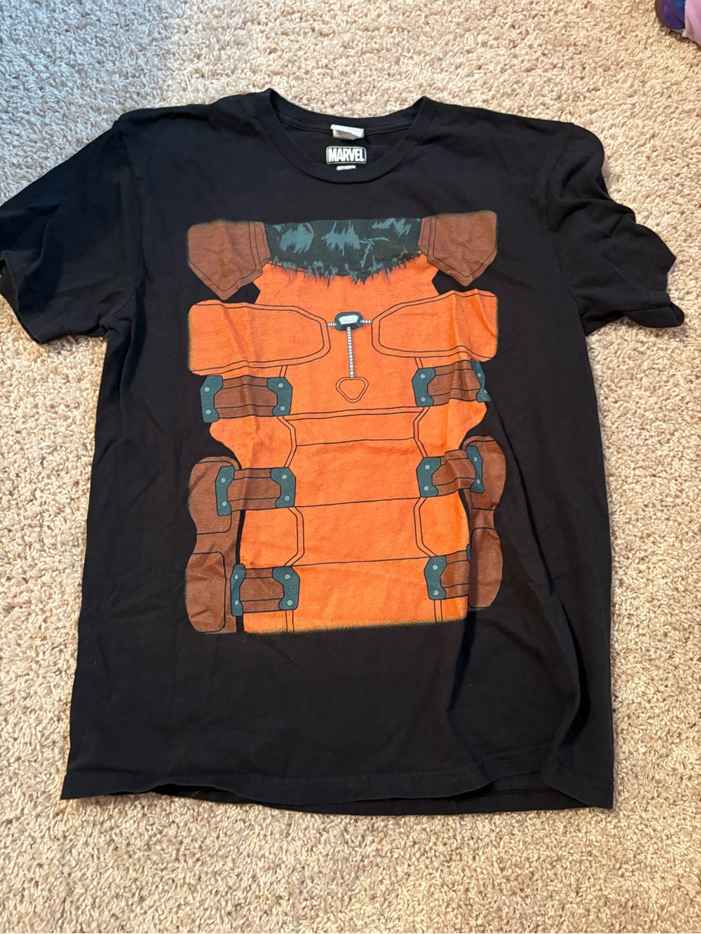 Marvel Rocket Raccoon Black Tee with Orange Armor Graphic